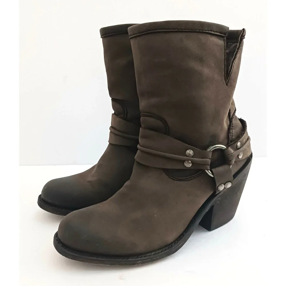 Independent Boot Co Brown Leather Moto Ankle Boot Harness Strap Made Mexico 6.5
